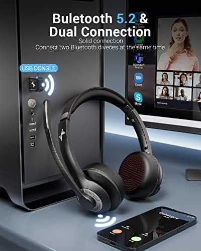 JIAMQISHI Wireless Headset with Mic for Work, Bluetooth V5.2 Headphones with Noise Cancelling Microphone, USB Dongle, Clear Calls & Mic Mute, for Laptop, PC, iPhone & Android Phones - Image 2