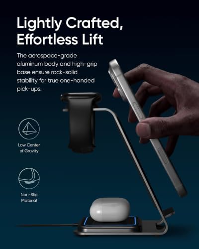 Intoval Aluminum 3 in 1 Wireless Charging Station for iPhone 17 16 15 14 13 12 11 Pro Max XR, Wireless Charger for Apple Watch 11 10 9 8 7 Ultra SE 3 2, Phone Charger for AirPods 4 Pro 2 3 (Grey) - Image 4