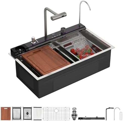 Sarlai 30 Inch Waterfall Kitchen Sink - 30x19 Inch Drop In Workstation Sink With Waterfall Stainless Steel 16 Gauge Multifunction Single Bowl Top Mount Kitchen Sinks with HoneyComb Finish by Sarlai