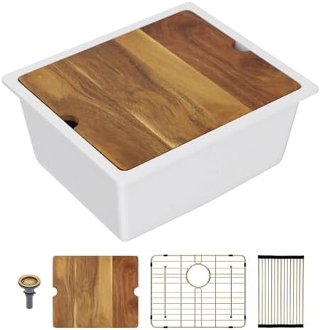 Lordear White Granite Composite Sink 21 Inch Undermount Bar Sink Workstation 21x18 Small Kitchen Quartz Under Counter Wet Single Bowl with Gold Accessories by LORDEAR