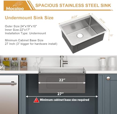 Mocoloo 24 Inch Undermount Kitchen Sink - 24 x 19 Bar Sinks Stainless Steel 16 Gauge Single Bowl Under Counter Small Kitchen Sink Workstation 10'' Deep Handmade Basin - Image 6