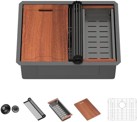 Lordear 25 Inch Black Kitchen Sink Undermount Kitchen Sink Workstation 25x19x10 Gunmetal Black 16 Gauge Stainless Steel Single Bowl by LORDEAR