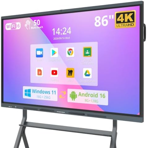 86″ Smart Board, 4K UHD Interactive Whiteboard Built in Dual System and 13MP Camera, All in One Digital Whiteboard for Home, Classroom and Business (Wall Mount Included) by HUSHIDA