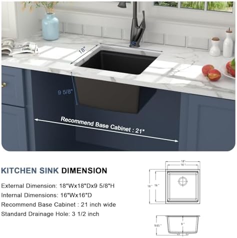 Lordear 18 Inch Undermount Granite Composite Bar Sink 18"x18" Composite Quartz Kitchen Sinks Black Single Bowl Under Counter Ledge Workstation Bar Prep RV Sink Basin - Image 5