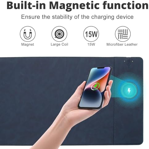 Magnetic Wireless Charging Desk Pad, Office Desk Mat with Wireless Charger, Waterproof and Scratch-Resistant Large Mouse Mat, Microfiber Leather Mouse Pad for Office and Home Use, Blue Color - Image 2