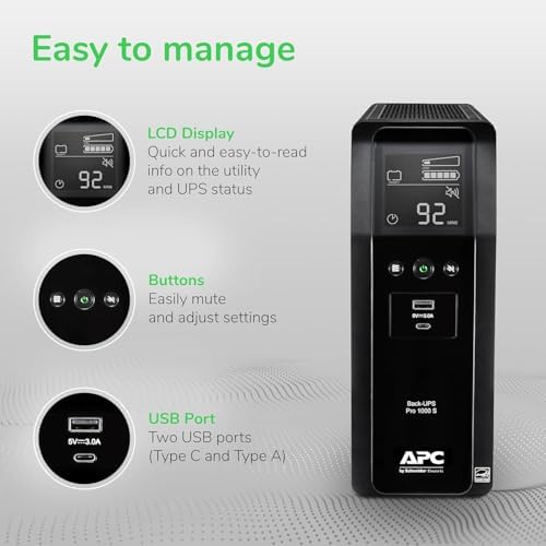 APC UPS 1000VA Sine Wave UPS Battery Backup & Surge Protector, Backup Battery Power Supply with AVR, (2) USB Charger Ports, BR1000MSR (Renewed) - Image 4
