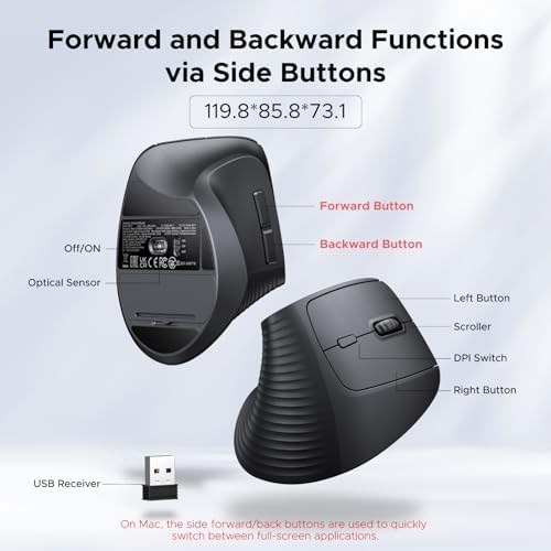 UGREEN 2.4G Mouse Wireless Vertical Ergonomic Mouse, Adjustable DPI Office Cordless 6 Buttons, Computer Mouse with 1000/1600/2000/4000 DPI for Windows/Mac OS etc - Image 5