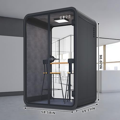 Office Sound Booth with Audio Privacy - Black Office Pod with Curved Corner Design&Small Table,Soundproof Booth Includes Central Lighting,Honeycomb Aluminum Panel,Fans for Reading(58IN) - Image 2