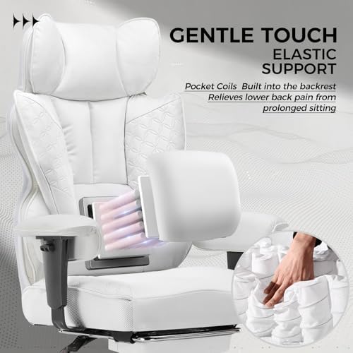 COMHOMA Big and Tall Office Chair Heavy Duty Wide Ergonomic Gaming Chair with Deluxe Embossing Designed Leather with Foot Rest,145°Reclining Adjustable Armrests Pocket Spring Back Support and Pillow - Image 4