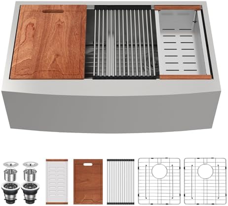 Lordear 33 inch T304 16 Gauge Stainless Steel Farmhouse Kitchen Sink Double Bowl Apron Front Ledge Workstation Low Divide Double Basin 50/50 Farm Style Kitchen Sinks 33x22x9 Inch by LORDEAR