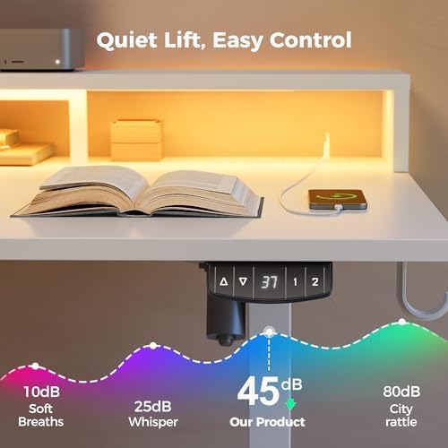 Klicelor Electric Standing Desk with Shelf, 55 Inch Height Adjustable Desk with Power Outlets & LED, Sit Stand Up Table with Monitor Stand, Computer Workstation for Home Office, White - Image 7