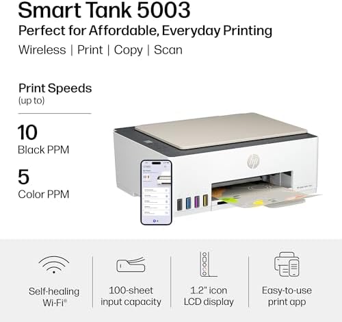 HP Smart Tank 5003 Wireless All-in-One Ink Tank Printer, Scanner, Copier with up to 3 Years of Ink Included, Best-for-Home, Cartridge-Free Refillable, AI-Capable (9B2D3A) - Image 3