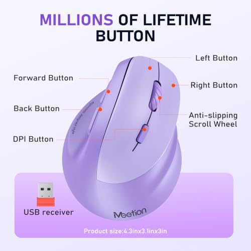 MEETION Ergonomic Wireless Vertical Mouse, Rechargeable, Purple - Image 6
