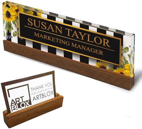 ARTBLOX Personalized Acrylic Desk Name Plate, Sunflower, Card Holder by Artblox