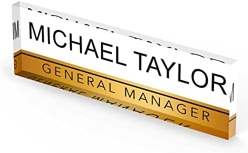 Artblox Personalized Office Desk Name Plate with Business Card Holder | Clear Acrylic Glass with Teak Wood Stand | Gold Stripe Design Customized with Your Name and Credentials Office Desk Décor - Image 4