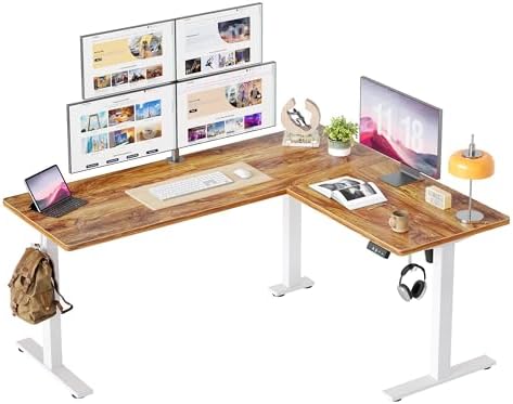 TIQLAB Standing Desk L Shaped, 63x55 Inch Adjustable Height, Electric Stand Up Desk, Corner Sit Stand Desk with Splice Board, Light Rustic Brown by TIQLAB