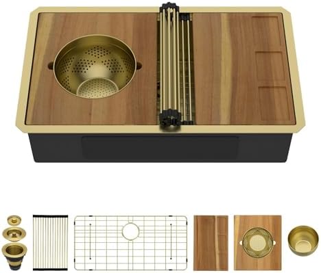 32"x19" Gold Undermount Kitchen Sink, Workstation All-In One Gold 16 Gauge T-304 Stainless Steel Under Counter Single Bowl Sink for Kitchen with Mixing Board & Pasta Strainer #TLU-0049 by SmartLivingBeautifulHomes