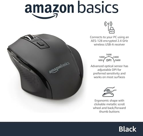 Amazon Basics Portable Wireless Computer Mouse, Ergonomic, 2.4 GHz Optical, DPI Adjustable, Easy to Use, Compatible with PC, Mac, Laptop, Black (Pack of 2) - Image 2