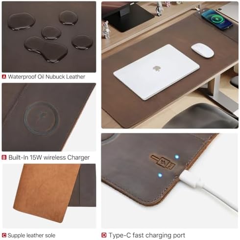 Hiram Crazy Horse Leather Desk Mat with 15W Wireless Charging - Waterproof and High-End Cowhide Texture for a Comfortable Office Experience(31in x 16in) - Image 5