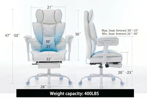 Big and Tall Gaming Office Chair 400lbs - Heavy Duty Ergonomic Computer Desk Chair with Footrest, Adjustable Armrests, High Back PU Leather with Racing Style （White/Blue） - Image 2