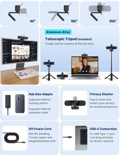 Pro HD 1080p/30fps Webcam with Tripod, External USB-C Camera for PC/Laptop - Image 3