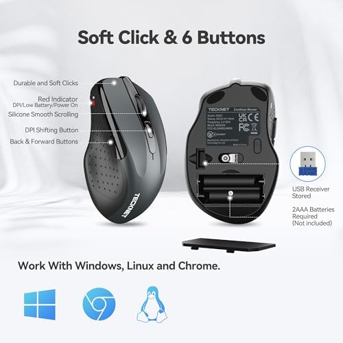 TECKNET Wireless Mouse, 2.4G Ergonomic Computer Mouse, 2600 DPI, Grey - Image 5