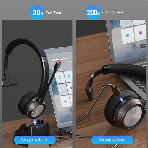 Bluetooth Headset with Microphone & Mute Button, 30 Hrs Working Time, Mono Noise Cancelling for PC Laptop Teams Zooms Work Business Meeting - Image 5