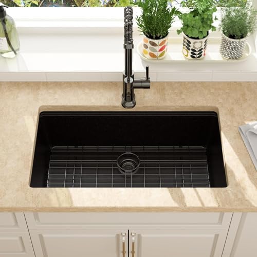 Lordear 30 Inch Black Granite Composite Kitchen Sink Workstation 30x19 Matte Black Undermount Quartz Sinks Under Counter Single Bowl Sink with Black Accessories - Image 3