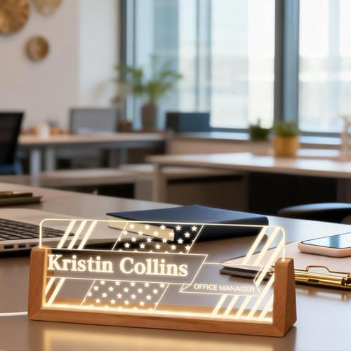 Personalized Light Up Acrylic Desk Name Plate - Custom Name Plate for Desk with Walnut Wood Base - Appreciation Office Gifts for Employees, Teacher, Social Worker (Banner) - Image 2