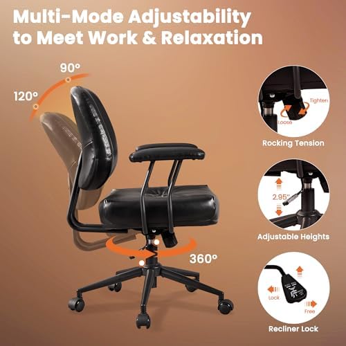 Leather Home Office Chair, Mid Back Ergonomic Desk Chair with Lumbar Support, Mid Century Modern Deep Seat Swivel Rocking Computer Chair, Black - Image 5