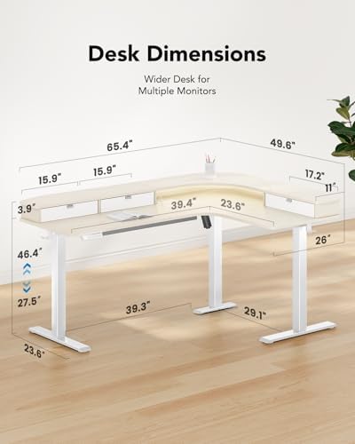 HUANUO 65″ L Shaped Standing Desk with 3 Drawers, Adjustable, Natural Wood - Image 2