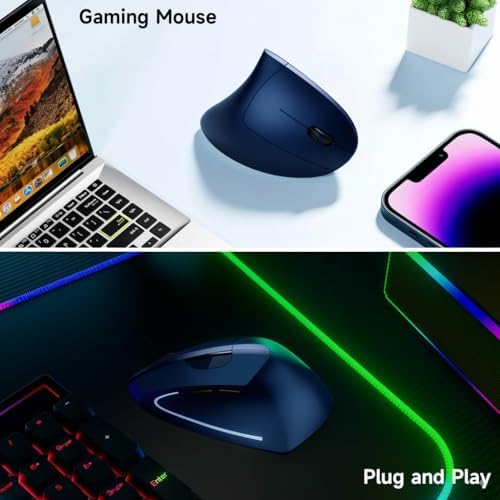 Ergonomic Vertical Wireless Mouse, 2.4G Optical Mouse with USB Receiver, 800-1600 DPI, Silent Click, Battery Powered, 5 Buttons, Stylish Comfortable Mouse for Laptop, PC, Mac, Computer (Blue) - Image 3