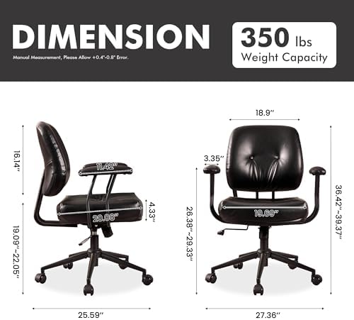 Leather Home Office Chair, Mid Back Ergonomic Desk Chair with Lumbar Support, Mid Century Modern Deep Seat Swivel Rocking Computer Chair, Black - Image 2