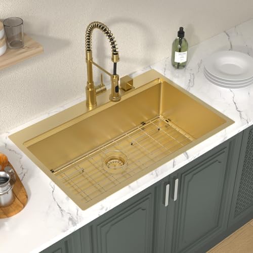 Lordear 33 Inch Drop In Kitchen Sink 33x22 Gold Single Bowl Workstation Stainless Steel 16 Gauge Handmade Topmount Kitchen Sinks with Cutting Board - Image 3