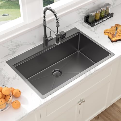 Sarlai 33 Inch Black Drop In Kitchen Sink Workstation - 33x19 Drop In Kitchen Sink Black Stainless Steel Topmount Workstation Sink 16 Gauge Deep Single Bowl Top-mount Kitchen Sink - Image 3