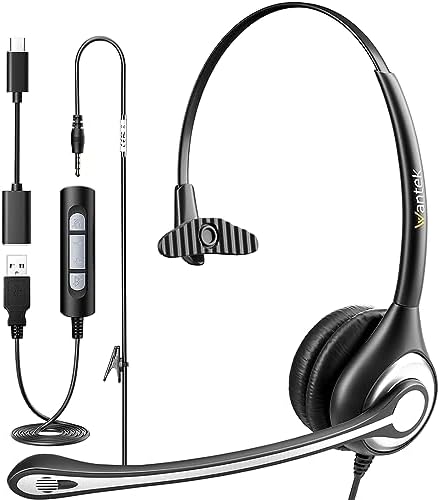 Wantek USB Computer Headset with Microphone for Laptop PC,3.5mm Wired Stereo Call Center Headset with Microphone Noise Cancelling, Corded Desktop Headphones with Mic & Mute by Wantek