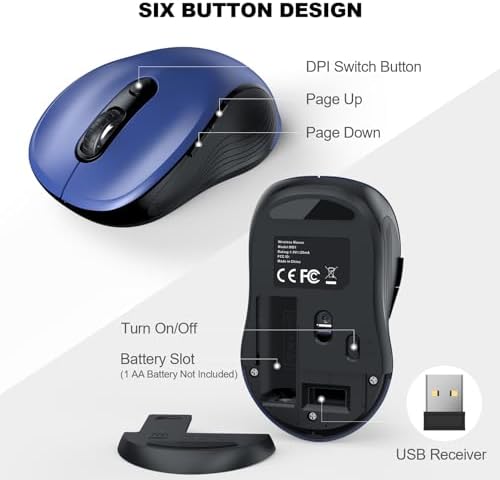 WisFox 2.4G Wireless Mouse for Laptop, Ergonomic Computer Mouse with USB Receiver and Type-C Adapter, 3 Adjustable Levels, 6 Button Cordless Wireless Mice for Windows Mac PC Notebook (Blue) - Image 5