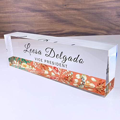 Artblox Office Desk Name Plate Personalized | Custom Name Plates for Desks | Flower Stripe Design On Clear Acrylic Glass | Office Desk Decor - (8" x 2.5") by Artblox