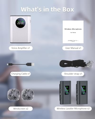 S67 Voice Amplifier Wireless Microphone Dual for Teachers Classroom Rechargeable, Mini Lavalier Lapel Mic, Portable Speaker PA System with LED Display for Class, Tour Guide, Coaches, White - Image 7