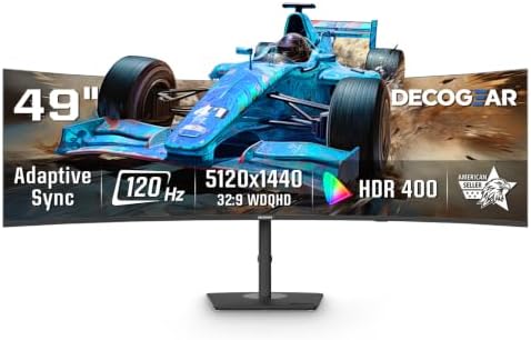 Deco Gear 49 Inch Curved Monitor, 5K2K Ultrawide WDQHD Screen 5120×1440, R1500, HDR400, 120Hz, 32:9 VA Panel, USB-C 65W PD, Adaptive Sync, PBP/PIP, KVM Switch, Built-in Speakers & Ergonomic Stand by DecoGearUSA