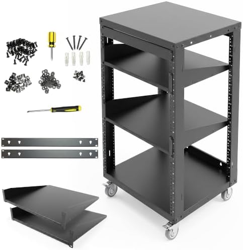AxcessAbles 16U Open Frame Network & AV Rack with Caster Wheels, Two 2U Shelves, 10-32 & Cage Nut Compatible Rails, Cage Nuts, Screws, Cage Nut Tool & Wall Mount Kit | 19-Inch Equipment Rack by AxcessAbles
