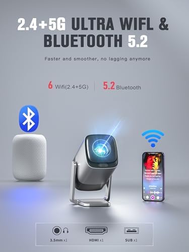 [2800 ANSI & Auto Focus]Silver Smart Mini Projector with WiFi and Bluetooth, XuanPad 4K Support Movie Projector, Portable Native 1080P Outdoor Projector with 360° Stand - Image 4