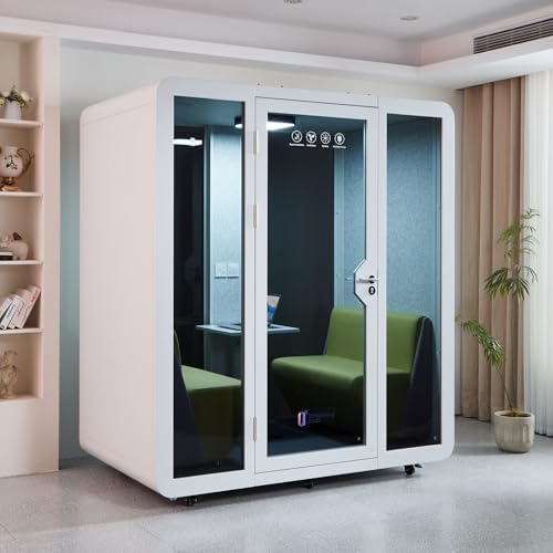GEARONIC Mobile Office Pod Booth, Sound Proof Office Pod Booth with Mobile Roller, Larger Space for 2-4 People, LED Lighting System,Fans and AC USB Ports（White-Grey） by GEARONIC