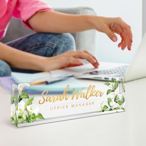 Name Plate for Desk, Desk Name Plate Personalized, Office Decor for Women Men, Acrylic Desktop Accessories, Office Gifts for Boss Nurse Teacher Coworker, Employee Appreciation Gift (Purple Calla) - Image 4