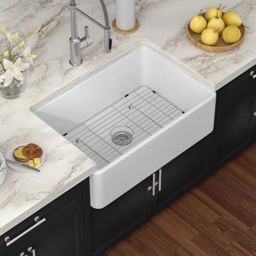 White Farmhouse Sink 30 Inch Fireclay Apron Front Farm Sink 30"x20"x9" Glossy White Porcelain Farms House Style Single Bowl Farmhoues kitchen Sinks with Luxury Accessories - Image 2