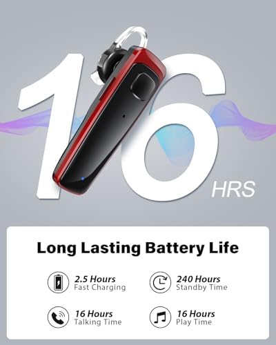 Bluetooth Headset,V5.3 Bluetooth Earpiece Wireless Handsfree Driving Headsets with Noise Canceling Mic,16Hrs Play Time Business Eabuds for iPhone Samsung Android Cell Phone Tablets Office(Red) - Image 4