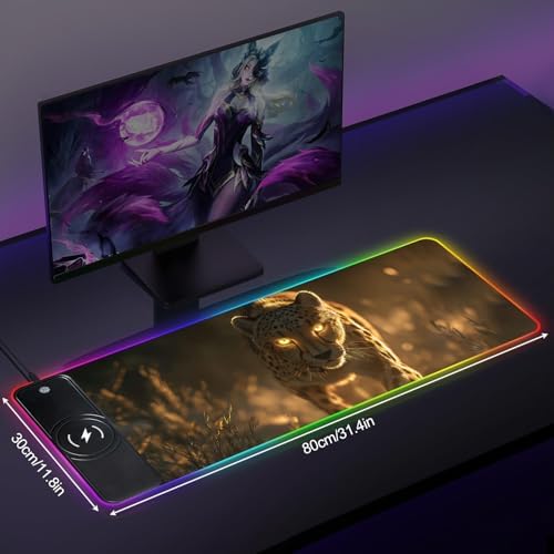Wireless Charging RGB Gaming Mouse Pad, 31.5 x 11.8 Inch Extended Mouse Mat with Wild Leopard Design, LED Desk Pad with 7 Lighting Modes, Non-Slip Base for Gaming & Office - Image 2