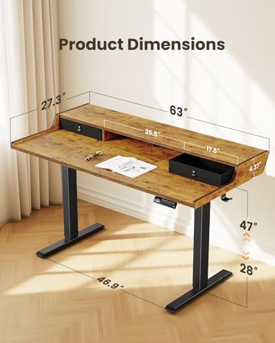 ErGear Electric Standing Desk with Drawers, 63″ x 28″ Gaming Table Compatible Monitor Stand, Stand up Desks, Home Office Height-Adjustable Desk with Storage Shelf, 4 Preset Heights, Vintage Brown - Image 2