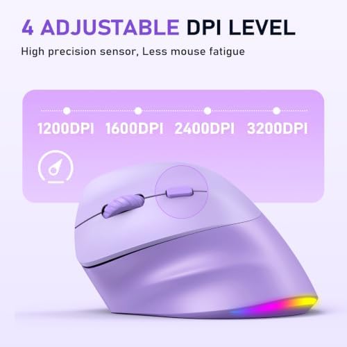 MEETION Left-Handed Wireless Ergonomic Vertical Mouse, Rechargeable -Purple - Image 5