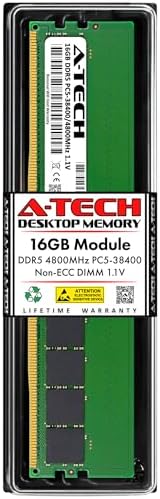 A-Tech 16GB DDR5 4800MHz PC5-38400 CL40 UDIMM 1.1V Non-ECC Unbuffered DIMM 288-Pin Desktop PC/Computer RAM Memory Upgrade Module by A-TechComponents